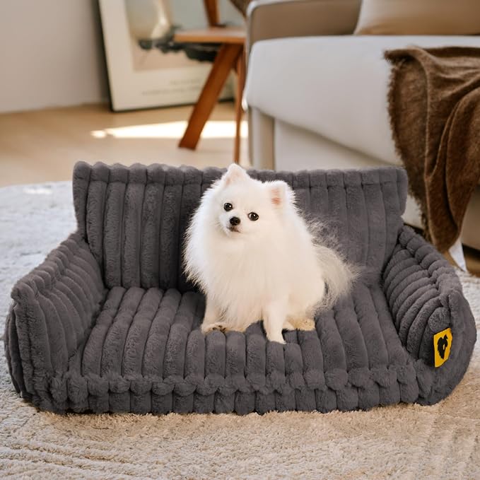 FUNNY FUZZY Dog Couch, Fluffy Orthopedic Supportive Pet Sofa Pillow, Grey | Supportive Small & Medium Dog Bed Washable Cover, Cozy Corduroy Flannel, Non-slip, Snoozy Dream 31.4"×22.4" Up to 25 Lbs