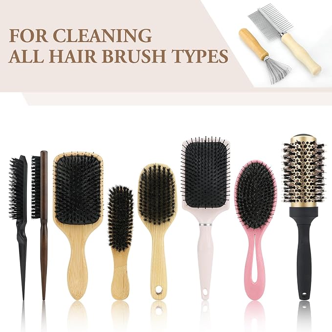 2-Pack Dual-Sided Hair Brush Cleaning Tool - Mini Cleaner Comb with Wooden Handle for Removes Hair & Buildup from Boar Bristle, Paddle, Detangling & Styling Brushes