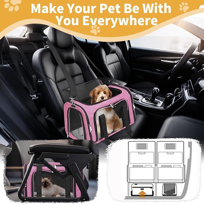 Soft-Sided Cat/Dog/Pet Carrier, Collapsible Pets Travel Carriers for Big Cats/Small Dogs with Shoulder Strap & Removable Mat, Mesh Puppy Carry Bag, Up to 25 Lbs (Pink)