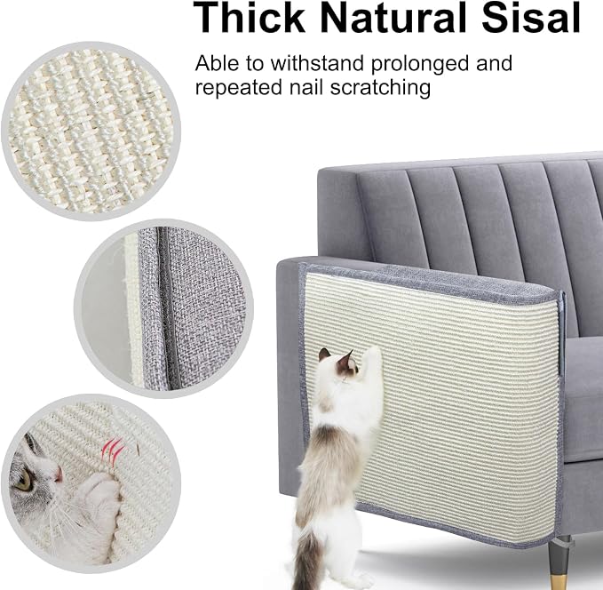 Upgraded Cat Scratch Furniture Protector,Cat Scratch Sofa Arm Sheild with Large Size Natural Sisal for Protecting Couch Sofa Chair Furniture 27.6''L*19.6''W (Light Grey/Right Handed)
