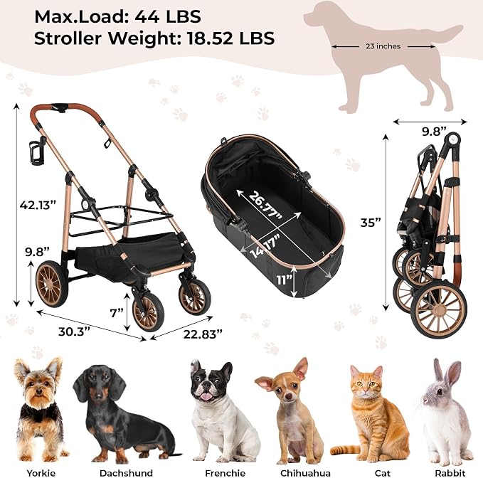 MAMIZO Pet Stroller for Medium Dogs Up to 44 lbs with Detachable Carrier | All-Terrain 3-in-1 Dog Stroller for Senior Dogs & Cats with Rubber Wheels, One-Click Folding, Storage Basket & Cup Holder