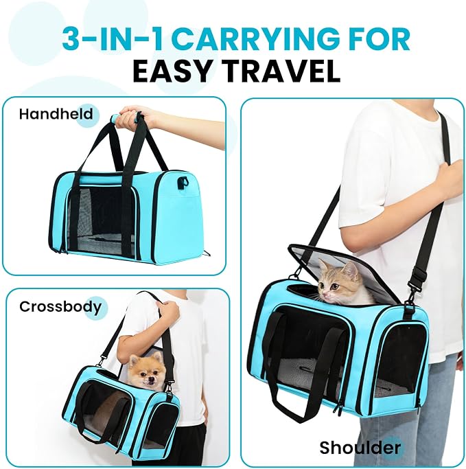 Soft-Sided Cat Carrier Expandable Pet Carrier Airline Approved Mesh Travel Carrier Up to 15lbs for Cats Small Dogs Collapsible Escape-Proof with Shoulder Strap Washable (18x11x11 Blue)
