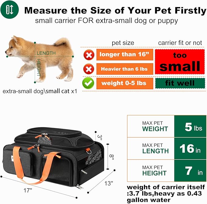 pidipiti 17x13x8 Frontier Allegiant Breeze Airlines Approved top Expandable pet Carrier for Extra-Small Dog/Small cat,Weight up to 5 lbs,Length Shorter Than 16''