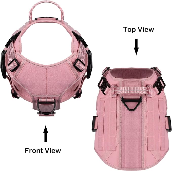 ICEFANG Tactical Dog Harness for Small Dogs,Reflective No Pull Dog Vest | with Control Handle,Adjustable,Front Hook,2 Leash Clips,Soft Padded,MOLLE Panel,Pink,Small
