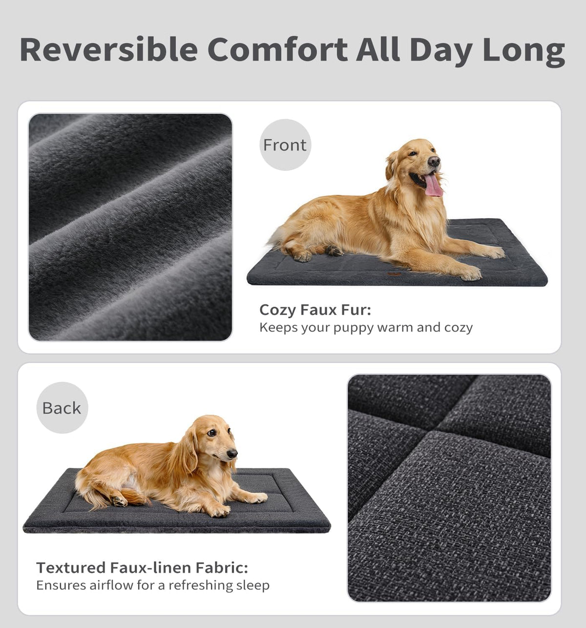 Made4Pets Dog Crate Pad Bed for Large Dogs, Washable & Reversible, Anti-Slip Kennel Mat for Cozy Sleeping, Soft Fluffy Dog Bed for Indoor & Outdoor Use, 41"x29", Dark Gray