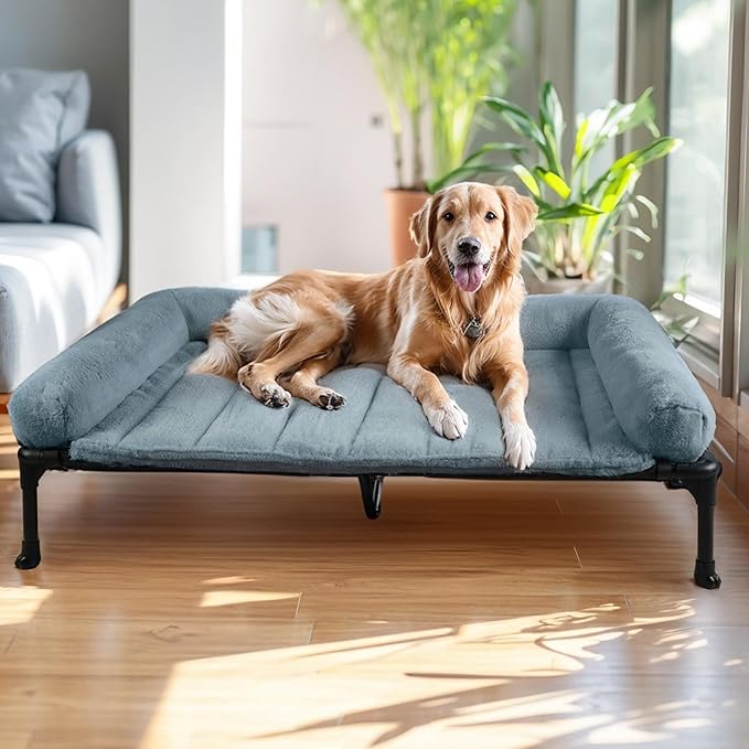 Veehoo Elevated Dog Beds Large Sized Dog with Fluffy Plush Bolster Cushion | Orthopedic Raised Dog Beds for Indoor Outdoor, Soft Pet Sofa Cot with Removable Washable Mat, No-Slip Feet, 49" x 33", Blue
