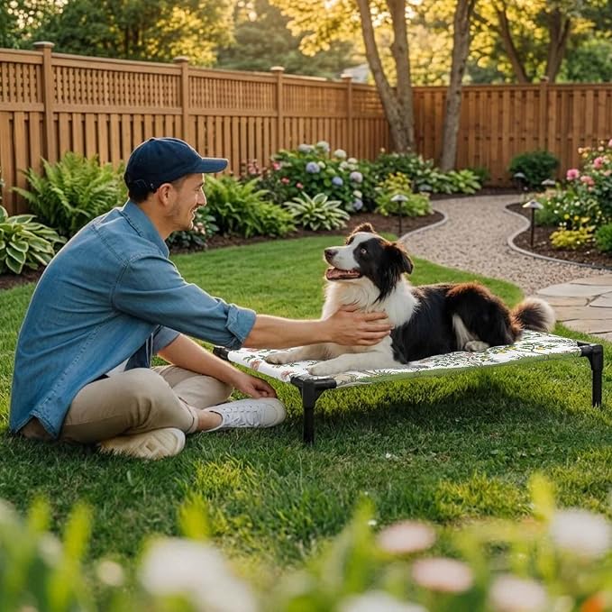 Outdoor Elevated Dog Bed for Medium Dogs, Pink Flowers Breathable Cooling Raised Dog Cot for Indoor/Outdoor, Trees Weeping Spring Floral Birds Waterproof Elevated Pet Beds, M 24 x 20 in