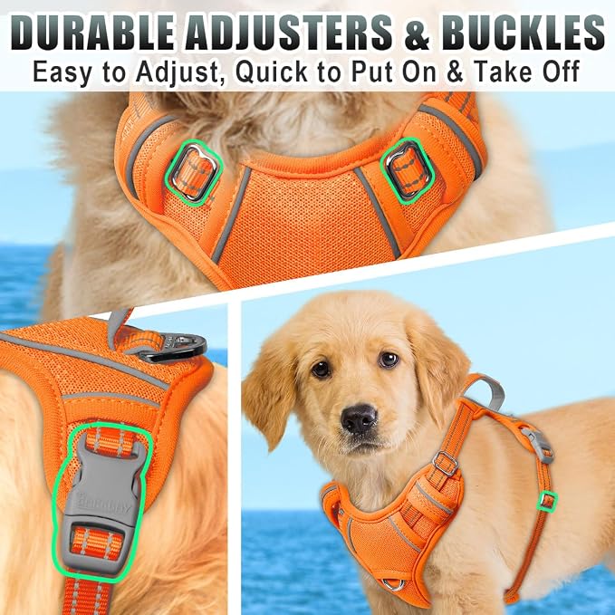 BARKBAY No Pull Dog Harness Large Reflective Dog Harness with Front Clip and Easy Control Handle for Walking Training Running with ID tag Pocket(Orange,XS)