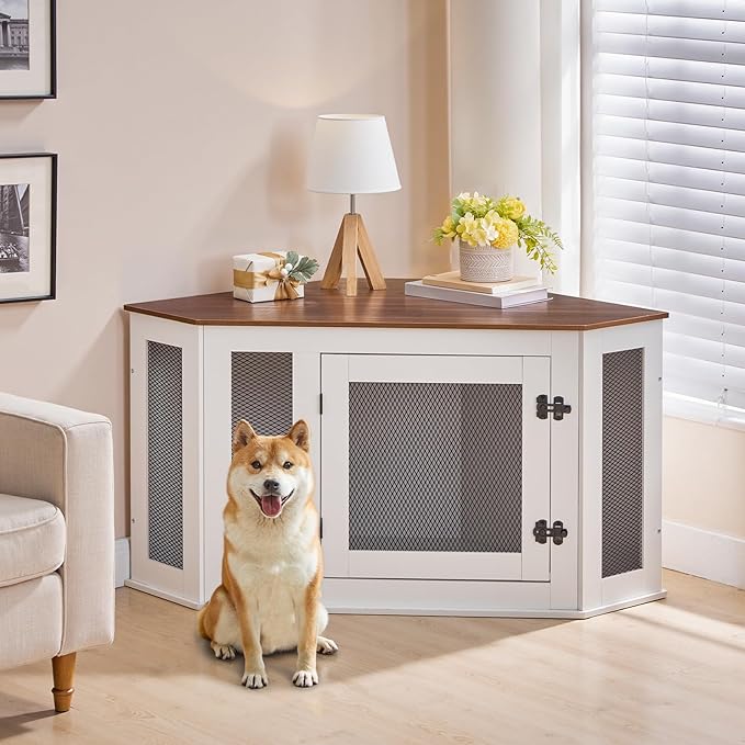 MAHANCRIS Corner Dog Crate Furniture, Wooden Dog Kennel End Table, Decorative Pet Crate Indoor Use, Furniture Style Dog House for Small Medium Dog, Dog Cage TV Stand, White and Walnut DCBA0801