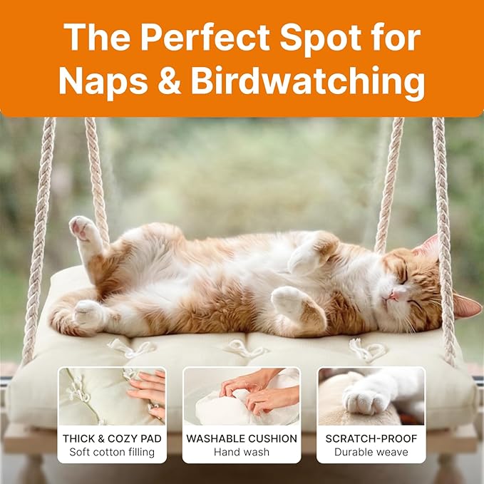 Cat Window Perch with Industrial-Grade Suction Cups - Solid Pine Wood Hammock Bed, Soft Cushion - 42 lb Capacity for Cats Inside