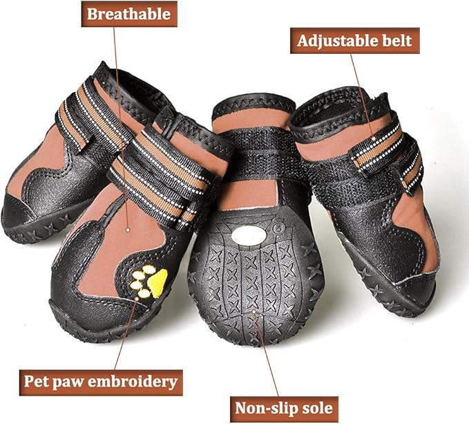CovertSafe& Dog Boots for Dogs Non-Slip, Waterproof Dog Booties for Outdoor, Dog Shoes for Medium to Large Dogs 4Pcs with Rugged Sole Black-Brown