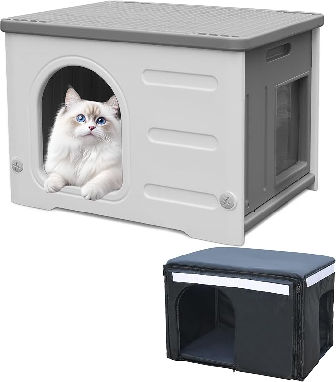Insulated Cat House Outdoor Weatherpoof Plastic Cats Houses for Winter | with Escape Door Indoor Waterproof Feral/Pet Cat Shelter Outside for Puppy, Rabbit