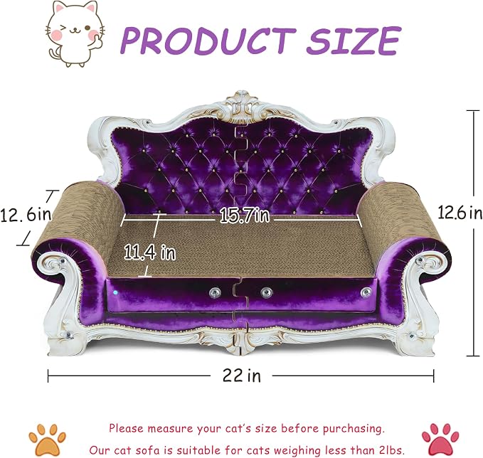 Luxury Cardboard Cat Scratcher Sofa Bed, Couch Shaped Cat Scratching Board, Cat Scratch Lounge with Catnip, Cat Scratcher for Indoor Cats (Purple Crown)