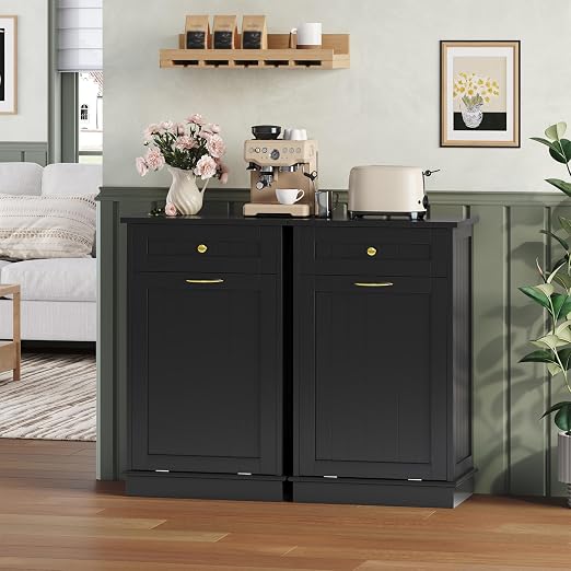 10 Gallon Tilt Out Trash Can Cabinet with Drawer Hidden Trash Cabinet Black | Cabinet with Drawers for Kitchen, Bathroom and Laundry Room