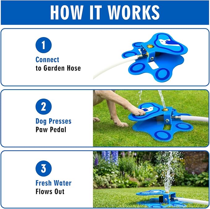 Outdoor Dog Water Fountain for Pets, Paw Activated Aluminum Dispenser | Step-on Automatic Dog Water Dispenser with Sprinkler Fun. Aluminum Self-service Pet Fountain for Yard, Outside, Patio