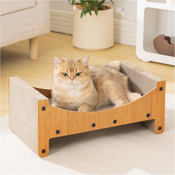 Avont Cat Scratcher Lounge, 3-in-1 Reversible Cardboard Scratching Bed, Horizontal Lounger for Indoor Cats Kittens - Nature