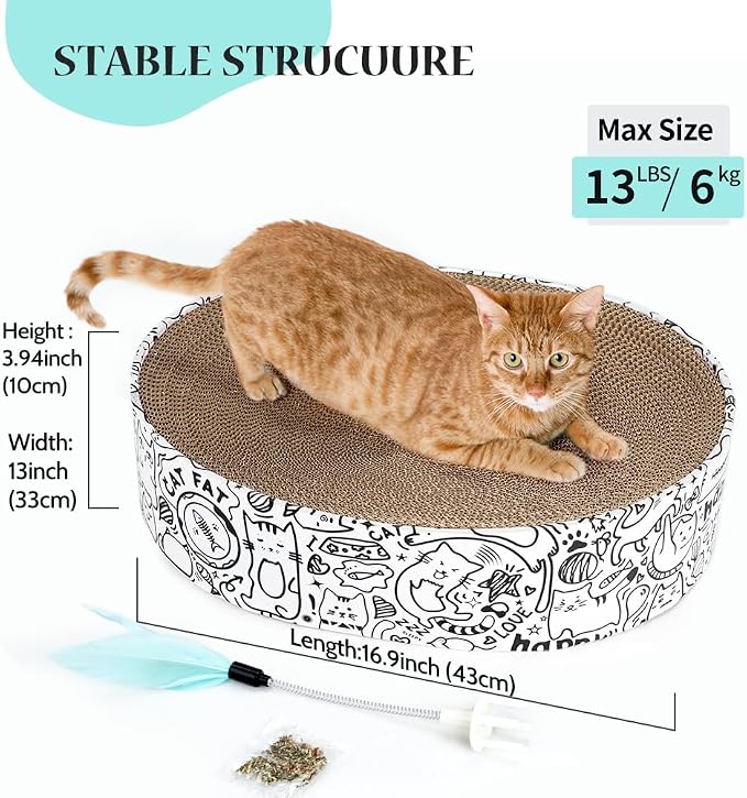 Cat Scratcher Cardboard, 2in1 Oval Cat Scratcher Bed for Indoor Cats Cat, Scratch Pad Bowl with Scratching Toy, Cozy Oval Cat Scratch Bed Furniture for Kittens & Medium Size Cats(White)