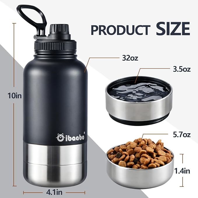 Cibaabo Insulated Dog Water Bottle with 2 Bowls, 32oz Travel Stainless Steel Double Wall Thermos, Portable Pet Dispenser, Gifts for Puppy Small Medium Dogs Walking Hiking and Camping