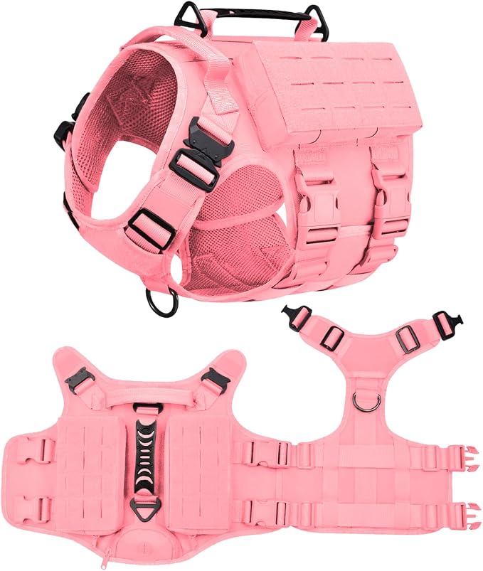 AIWAI Tactical Dog Harness with Handle for Large Dogs,2X Metal Buckle, Dog MOLLE Vest with Pockets,No Pull Adjustable Pet Harness, Easy Control Dog Vest Harness for Working Training (Pink, Medium)