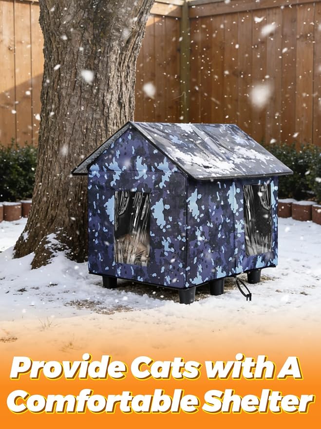 Elevated Insulated Outdoor Cat House Weatherproof - 20"x19"x17" Waterproof PVC Top & Aluminum Film Liner Camouflage Feral Cat Shelters for Keeping Cats Winter Warm, Gray