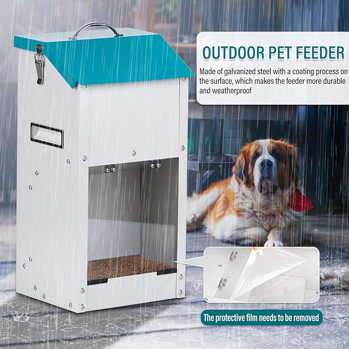 15lbs Automatic Dog Feeder Outdoor Dog Food Dispenser | Galvanized Gravity Cat Feeder with Clear Door, Metal Feeder for Dog, Puppy, Cat, Indoor&Outdoor Use