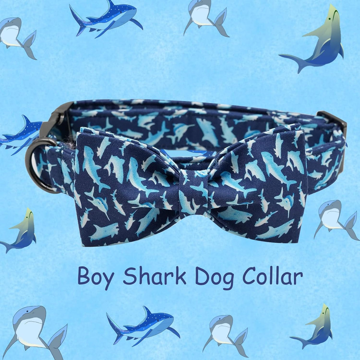 Elegant little tail Dog Collar with Bow, Shark Print Adjustable Dog Collar Cute Bowtie Dog Collar Boy Pet Collar for X-Small Puppy and Cat