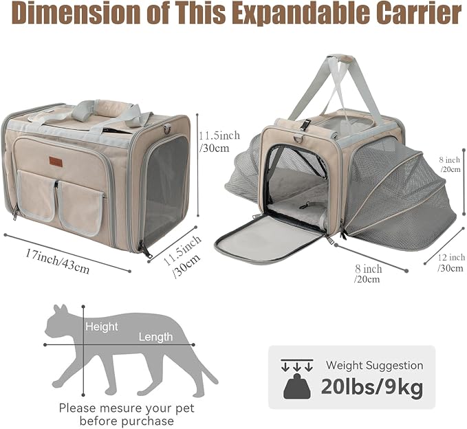 Cats Carrier for Small Dogs Puppy Cat Bag Expandable,Airline Approved,2 Sides Expand,Rabbit Bunny Pets Carriers Small Animals Travel Outdoor Carry Kennel (Khaki)