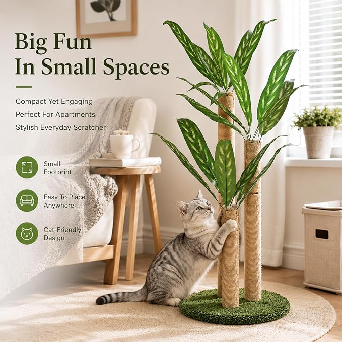 LEMONDA 31.5Inch Cat Scratching Post,Cat Scratcher Tree with 3 Scratching Poles & 2 Interactive Dangling Balls,Cats Scratching Posts for Indoor Kitten & Adult Cats