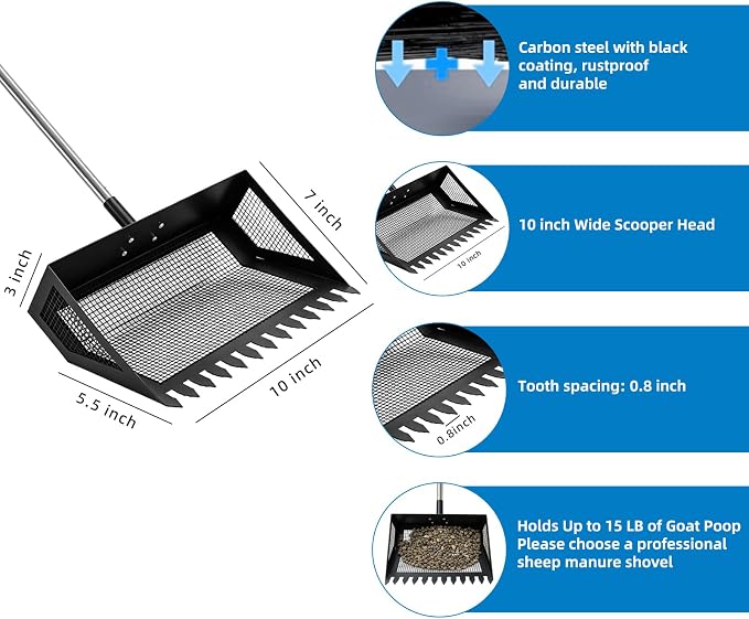 Goat Pooper Scooper & Manure Rake, Heavy Duty Metal Sifter Shovel with Adjustable Long Handle, Specially Designed for Goat Stall Cleaning, Farm Livestock Waste Pickup Tool with Gloves (40–71")