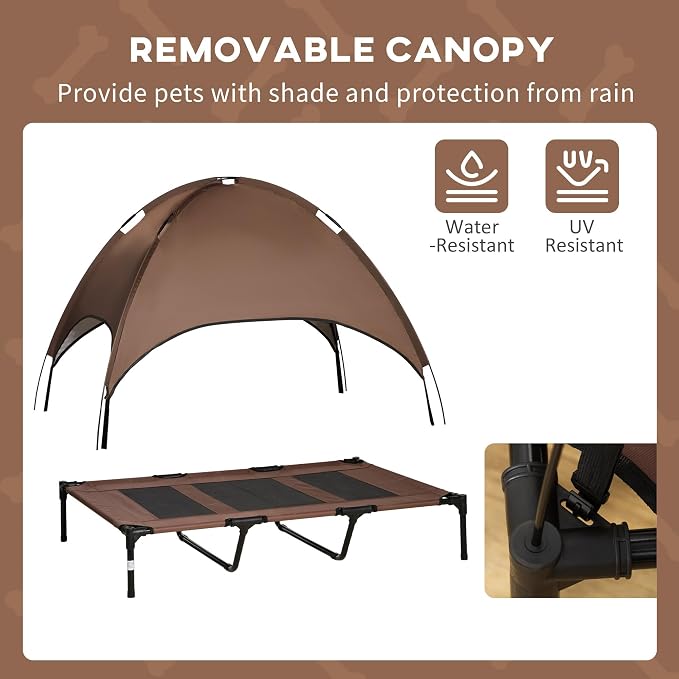 PawHut Elevated Portable Dog Cot Pet Bed with UV Protection Canopy Shade, 48 inch, Coffee | Large Pet Bed, Outdoor Dog Cot, UV Protection Shade, Camping