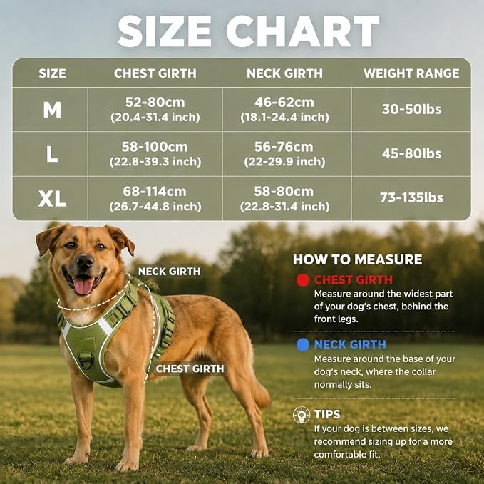 No Pull Tactical Dog Harness with Handles,Tactical Service Dog Vest with Molle System，Adjustable Reflective Pet Vest for Walking Hiking Training Army Green XL