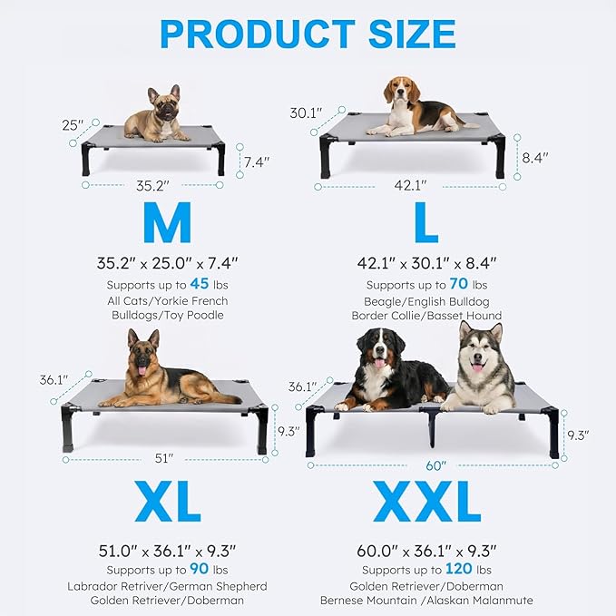 Elevated Dog Bed Raised Cooling Dog Cot for Large Dogs, Portable Indoor & Outdoor Pet Bed with No-Slip Feets Breathable Mesh Pet Bed for Camping Outdoor