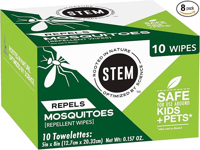 STEM Mosquito and Tick Repellent Wipes with Botanical Extracts - 10 Wipes (Pack of 8)