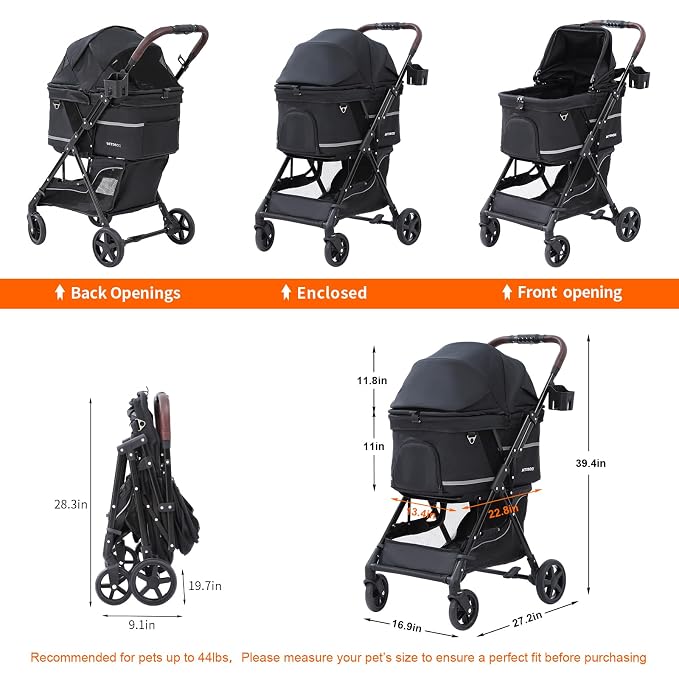 No-Zip Pet Stroller for Small Dogs & Cats, 44 lb, Black | No-Zip Canopy, 44 lb Capacity, Reflective Trim, 2 Tethers, Lockable Front Wheels, Rear Brake and One-Hand Fold
