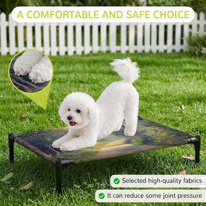 Outdoor Elevated Dog Bed for Medium Dogs, Farmhouse Forest Breathable Cooling Raised Dog Cot for Indoor/Outdoor, Pastoral Country Sun Light Trees Waterproof Elevated Pet Beds, M 24 x 20 in