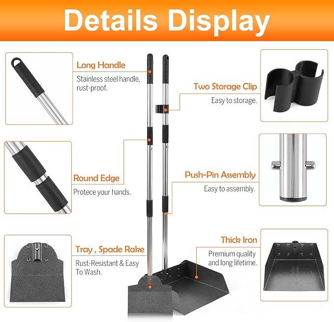 Dog Pooper Scooper, Metal Tray & Spade with 38.2" Long Handle | Large Dog Poop Scooper: 9.5x9x3.1in Tray, 7.7x6in Spade, No-bend Pickup, Yard and Kennel, Tool-free Setup