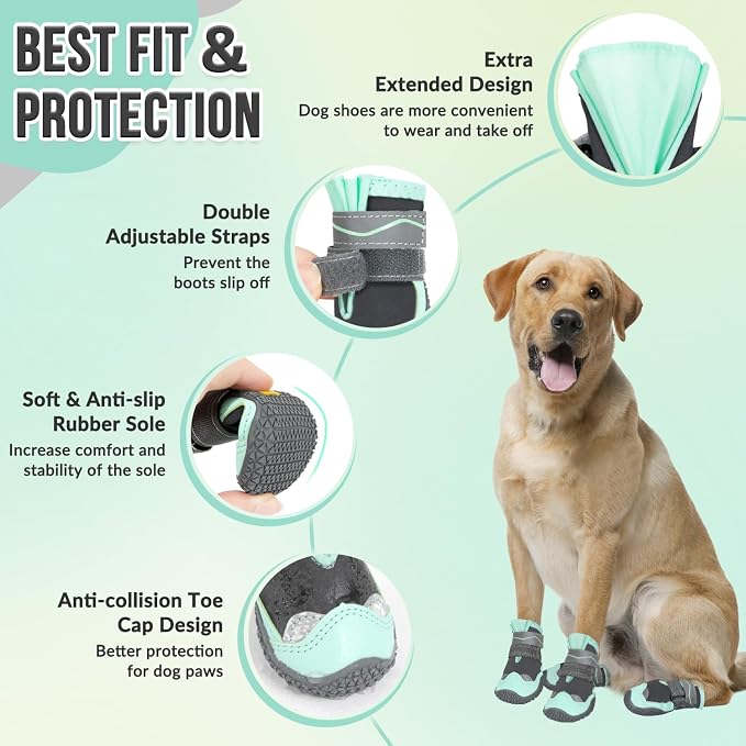 SlowTon Dog Shoes for Large Small Medium Dogs - Waterproof Dog Boots for Summer Hot Pavement, Paw Protector for Outdoor Walking Winter Snow, Anti-Slip Rubber Dog Booties for Hard Floor (Green Gray, 8)
