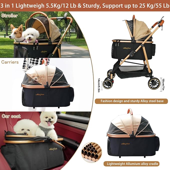 MILA&LOUIS Dog Stroller, 24" Pet Cradle, Lightweight & Stylish Pet Stroller for Small and Medium Pets, 33 Lbs Capacity with Cup Holder, Hook, Detachable Aluminum Cradle (Khaki)