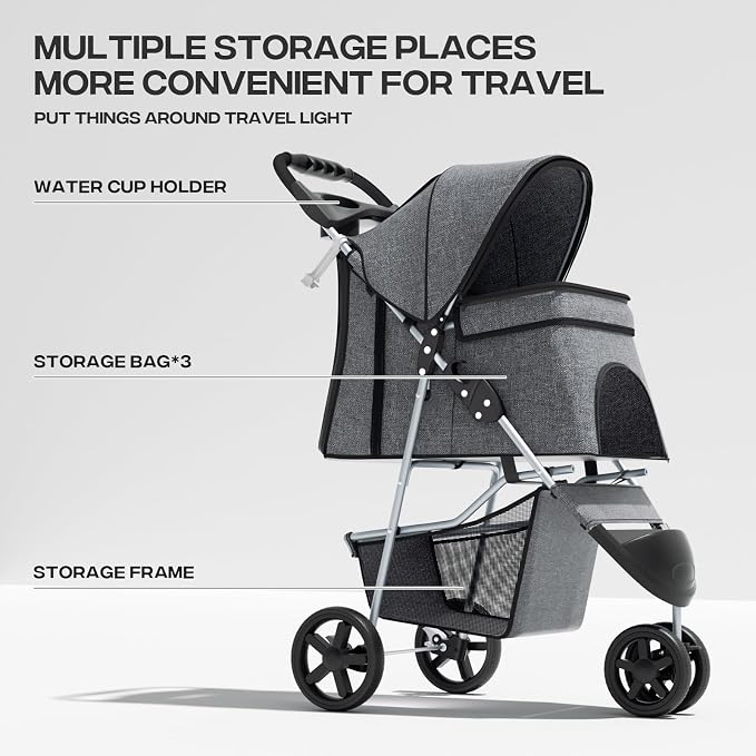 Pet Stroller for Small Dogs 10 lbs, Dog Stroller for Medium Dogs 30 lbs, Cat Strollers for 2 Cats, 3 Wheels Foldable Jogger Puppy Stroller with Storage Basket and Cup Holder, Grey