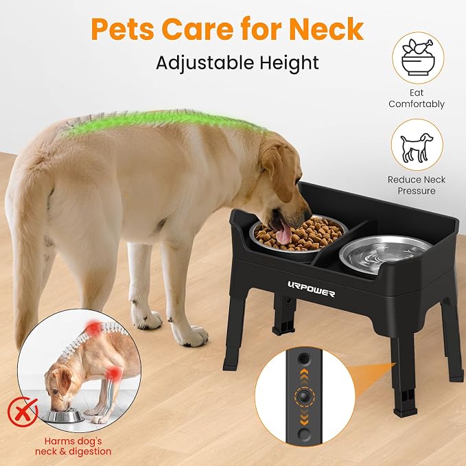 URPOWER 3-in-1 Elevated Dog Bowls - Mess Proof Double Deck 4 Height Adjustable Raised Stand with 2 Stainless Steel Food Bowls & Licking Plate for Small, Medium & Large Dogs (Pack of 2)