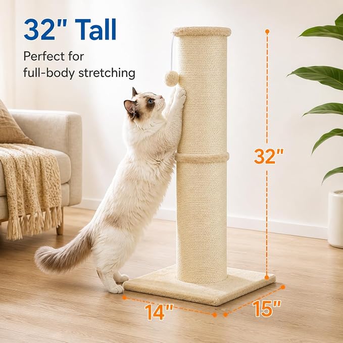Sisal Cat Scratching Post for Indoor Cats & Kittens, 5.5" Diameter Heavy Duty Vertical Scratcher, 32 Inch Extra Tall Furniture Protector with Stable Base, Beige