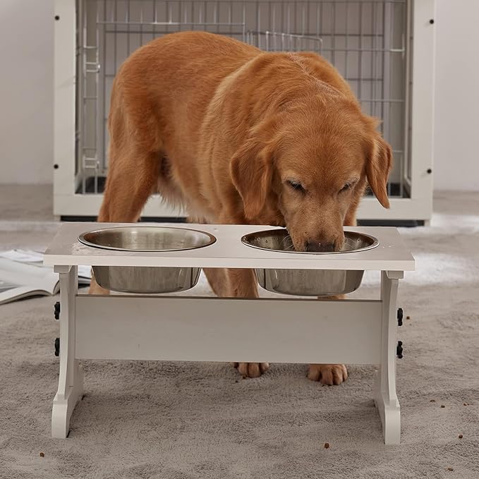 Piskyet Elevated Dog Bowls,Dog Bowl Stand, 7 Cups 11" H_55 oz Bowl-White | White Dog Bowls Stand, Raised Dog Bowl with 2 Stainless Steel Wooden Dogs Bowls for Medium Size Dogs