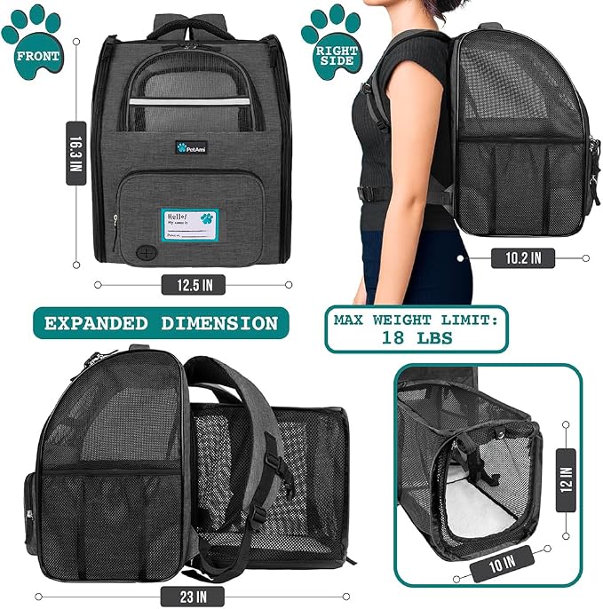 PetAmi Expandable Dog Backpack Carrier for Cats & Pets, Breathable Cat Carrier Backpack with Top Window & Multi-Entry, Ventilated Foldable Travel Carrier for Small Medium Pets up to 18 lbs, Dark Gray