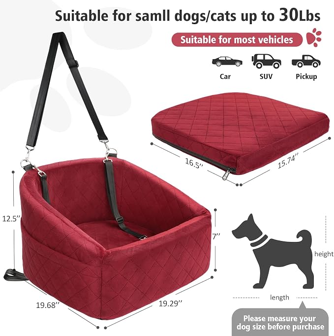 NEEZUKAR Dog Car Seat for Small Medium Dogs,Detachable Washable Dog Booster Seat Under 30lbs, Pet Car Seats Travel Bed with Storage Pockets and Safety Belt(Red)