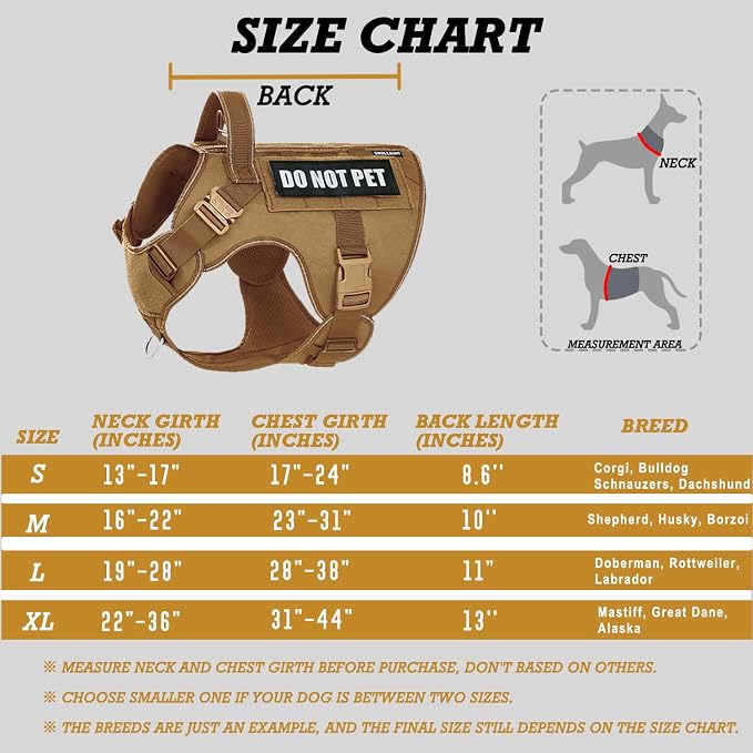 Tactical Dog Harness for Medium Large Dogs, 2X Lightweight Metal Buckle Service Dog Harness with Do Not Pet Patches, Reflective Military Dog Harness for Hiking Training Brown