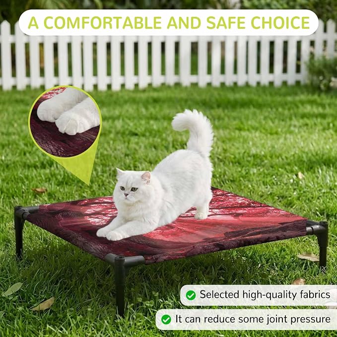 Outdoor Elevated Dog Bed for Small Dogs, Red Trees Breathable Cooling Raised Dog Cot for Indoor/Outdoor, Country Forest Branches Nature Light View Waterproof Elevated Pet Beds, S 20 x 20 in