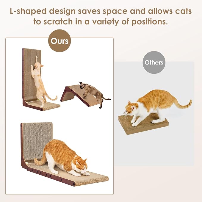 EHEYCIGA Cardboard Cat Scratcher for Indoor Cats, 32 Inch L Shaped Vertical Cat Scratching Board with Ball Cat Toy, Extra Large Cat Scratcher Pad, Dark Brown