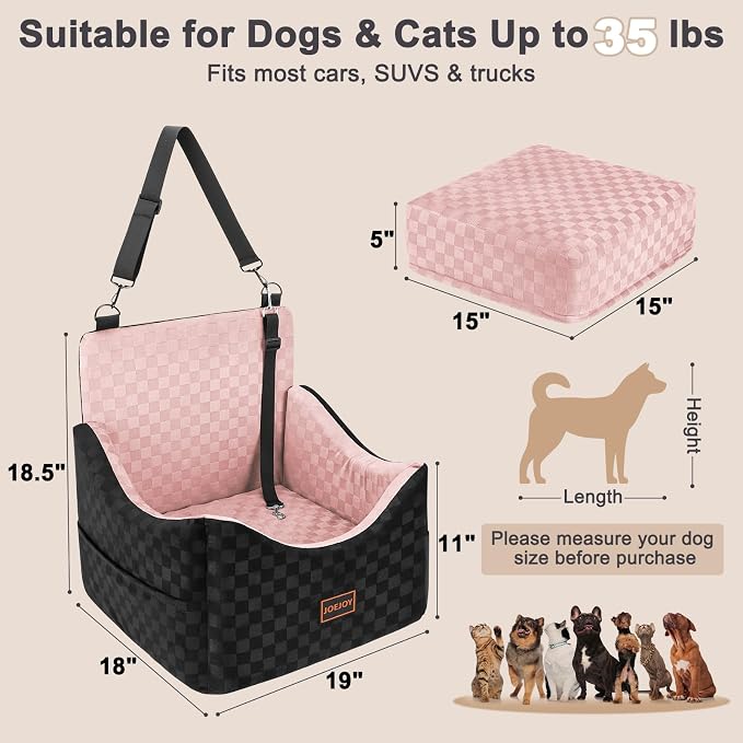 JOEJOY Elevated Dog Car Seat for Small/Medium Dogs up to 35 lbs, Memory Foam Booster Seat with Detachable Washable Cover, Travel-Safe Car Bed with Safety Belts & Storage Pockets, Pink