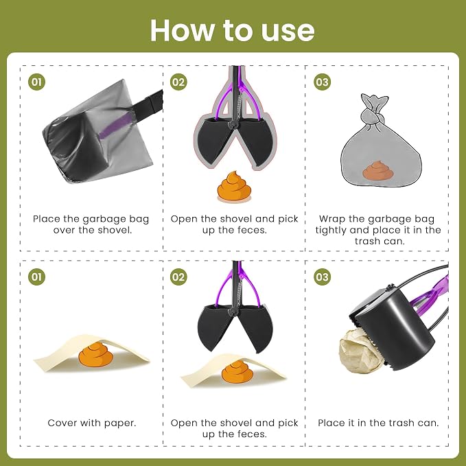 32in Dog Pooper Scooper with Bag Attachment, Foldable Long Handle | Thickened ABS dog scooper for large dogs. Features curved grip, jagged teeth, 120 bags, clip & extra 2x springs/buckles.