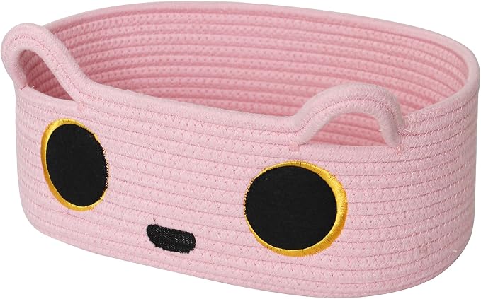 Pink Cat Toy Basket, Small Woven Cat Toy Storage Box with Cute Ears Handle Indoor, Cotton Rope Storage Bin with Embroidered Face for Home Decor, Pet Bed, Baby Nursery Kids Room Organization
